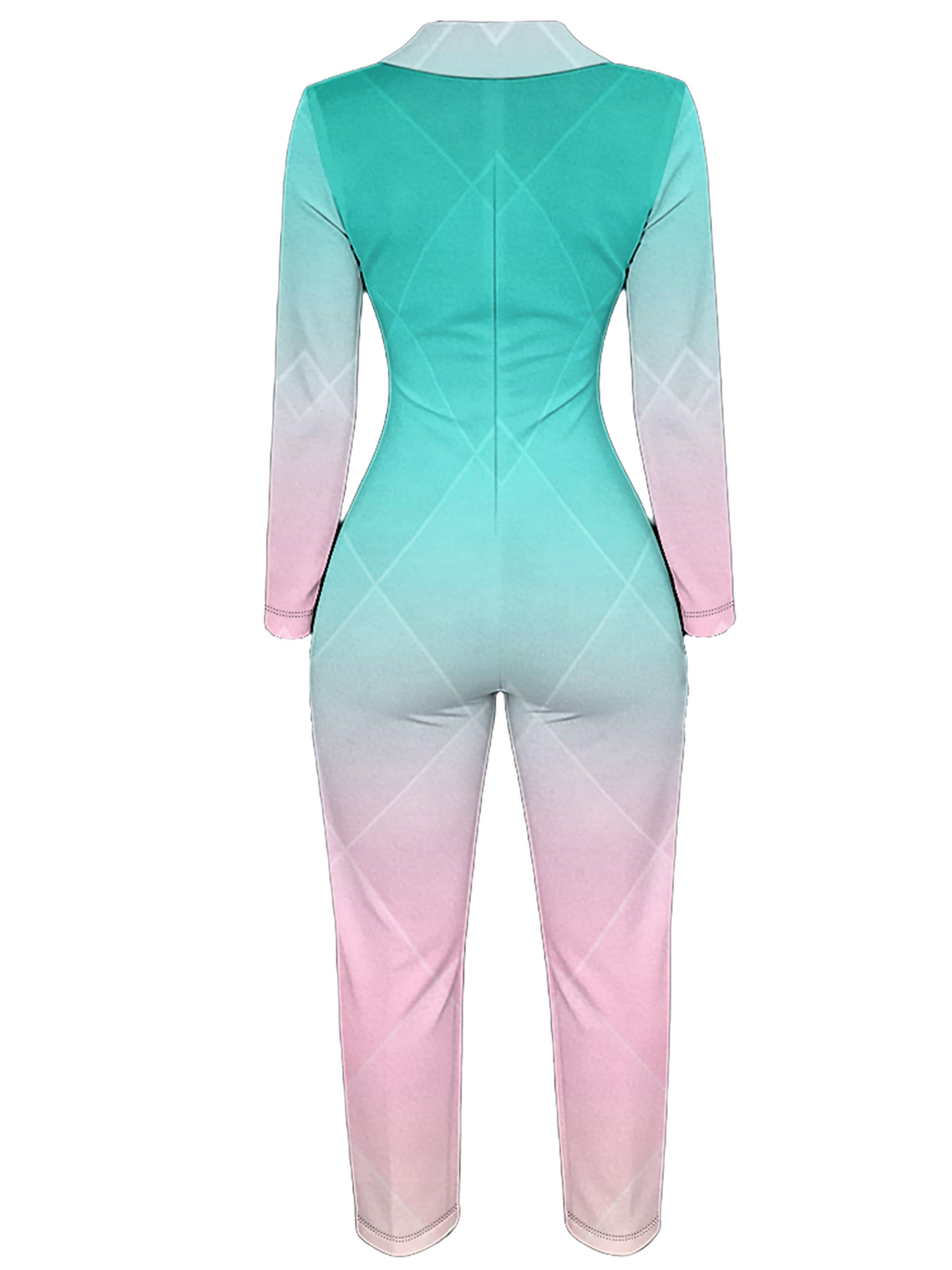 Teal to Pink Gradient Long Sleeve Zip-Up Jumpsuit