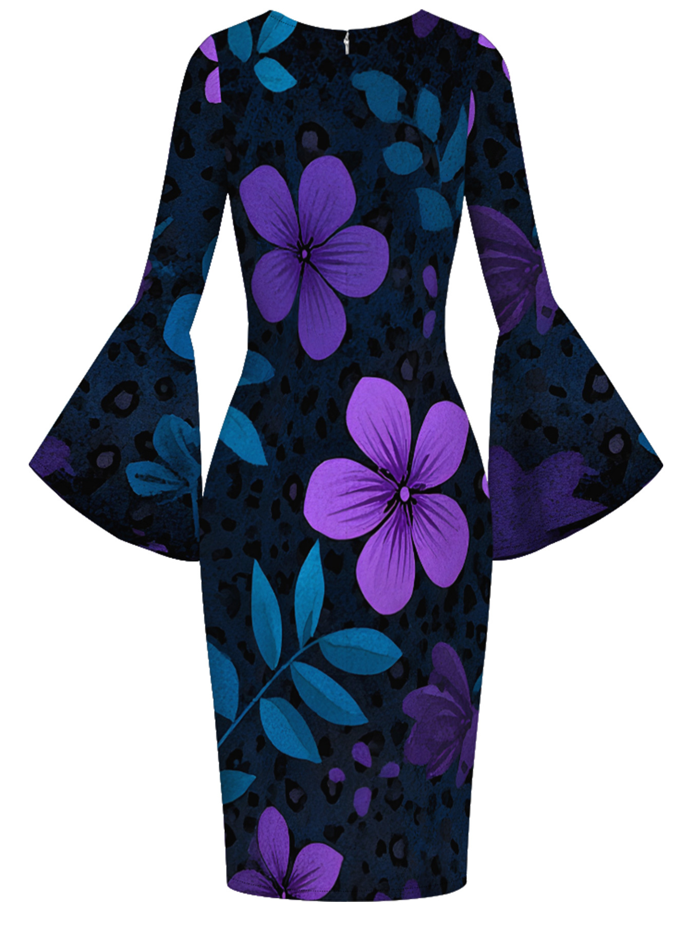 Black Leopard & Purple Floral Bell Flare Sleeve Bodycon Midi Dress