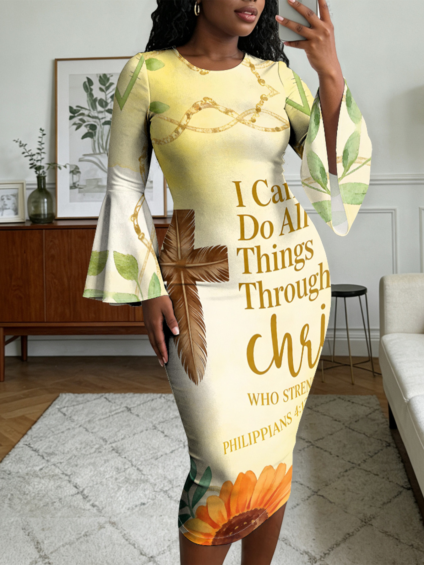 Butter Yellow Feather Cross Easter Flare Sleeve Bodycon Midi Dress