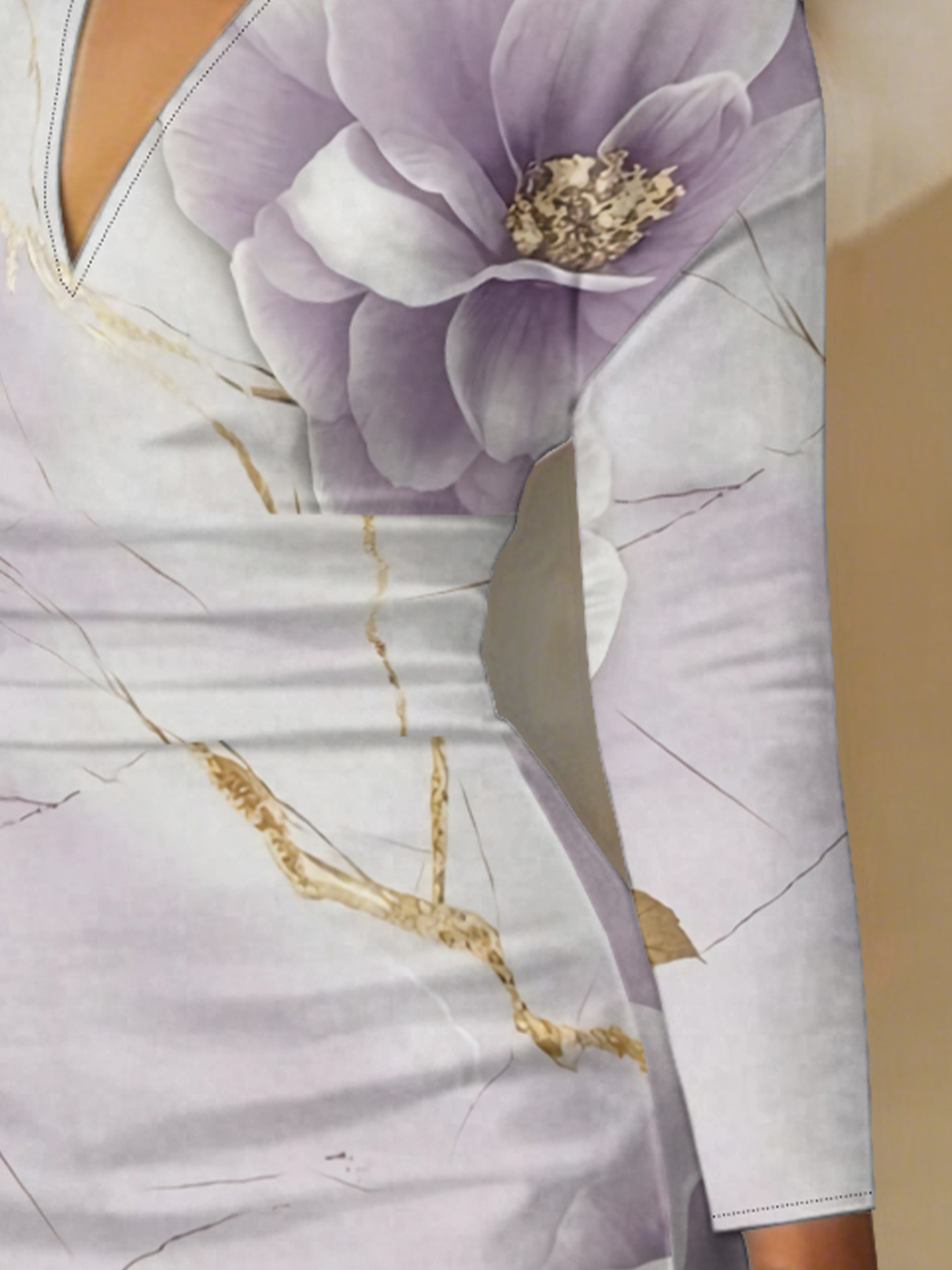 Lavender Gold Floral Marble V-Neck Bodycon Midi Dress DFG720