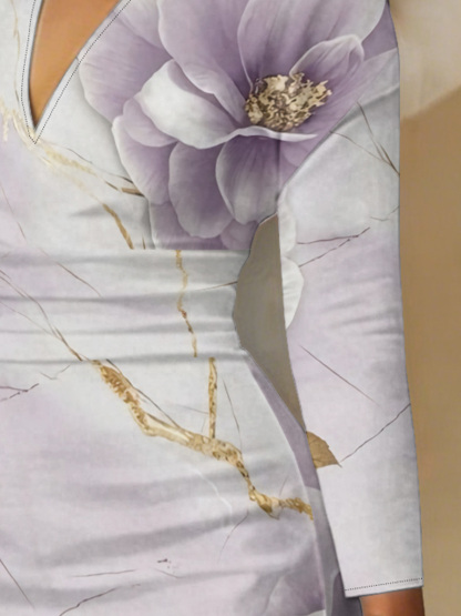 Lavender Gold Floral Marble V-Neck Bodycon Midi Dress DFG720