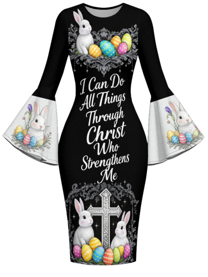Easter Bunny Christian Cross Flare Sleeve Bodycon Midi Dress