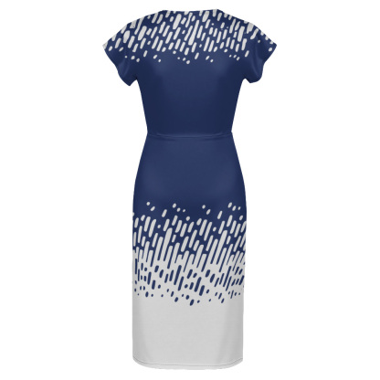 Navy White Brushstroke Cap Sleeve V-Neck Midi Dress CDE951