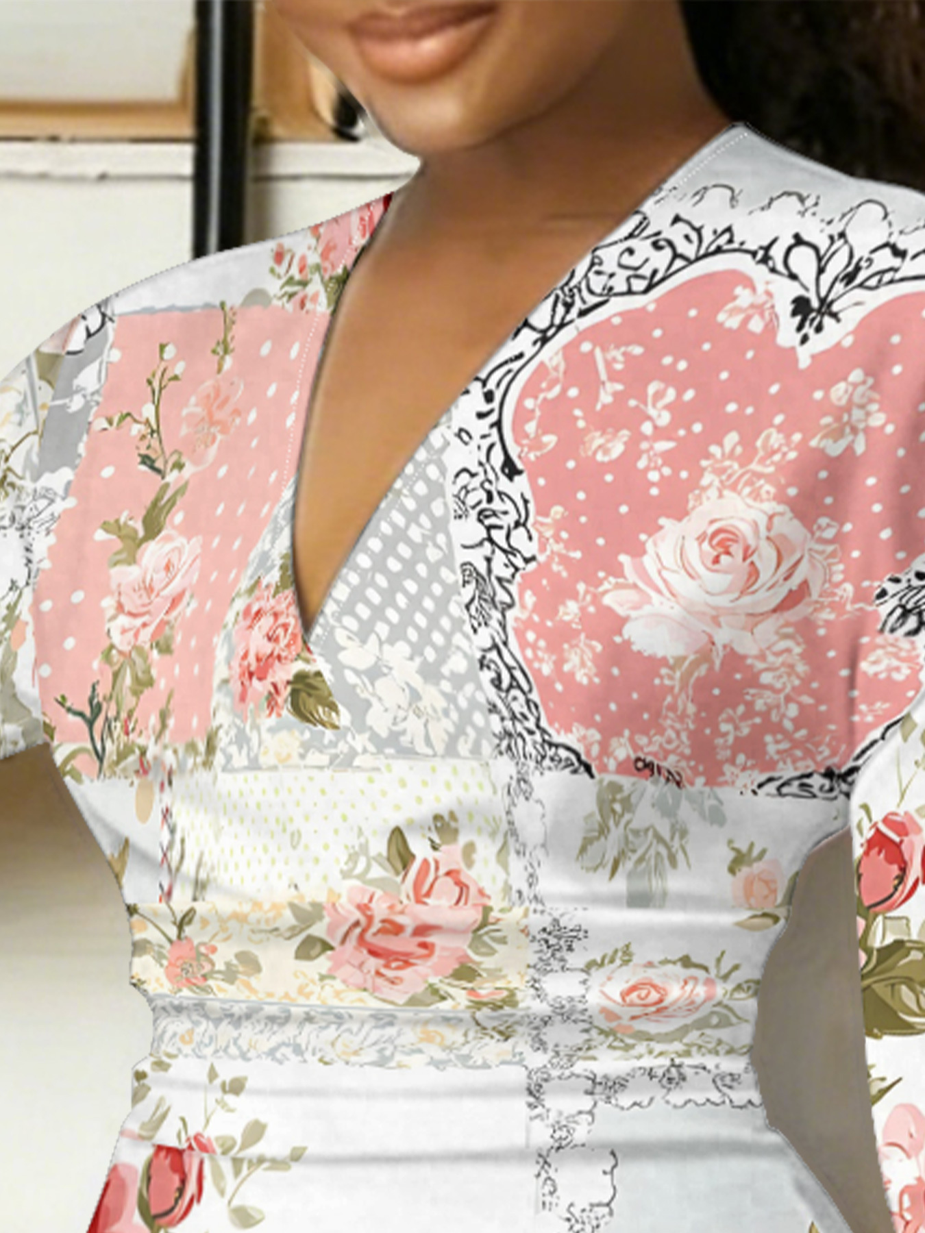 Vintage Patchwork V-Neck Bodycon Midi Dress