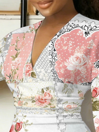 Vintage Patchwork V-Neck Bodycon Midi Dress