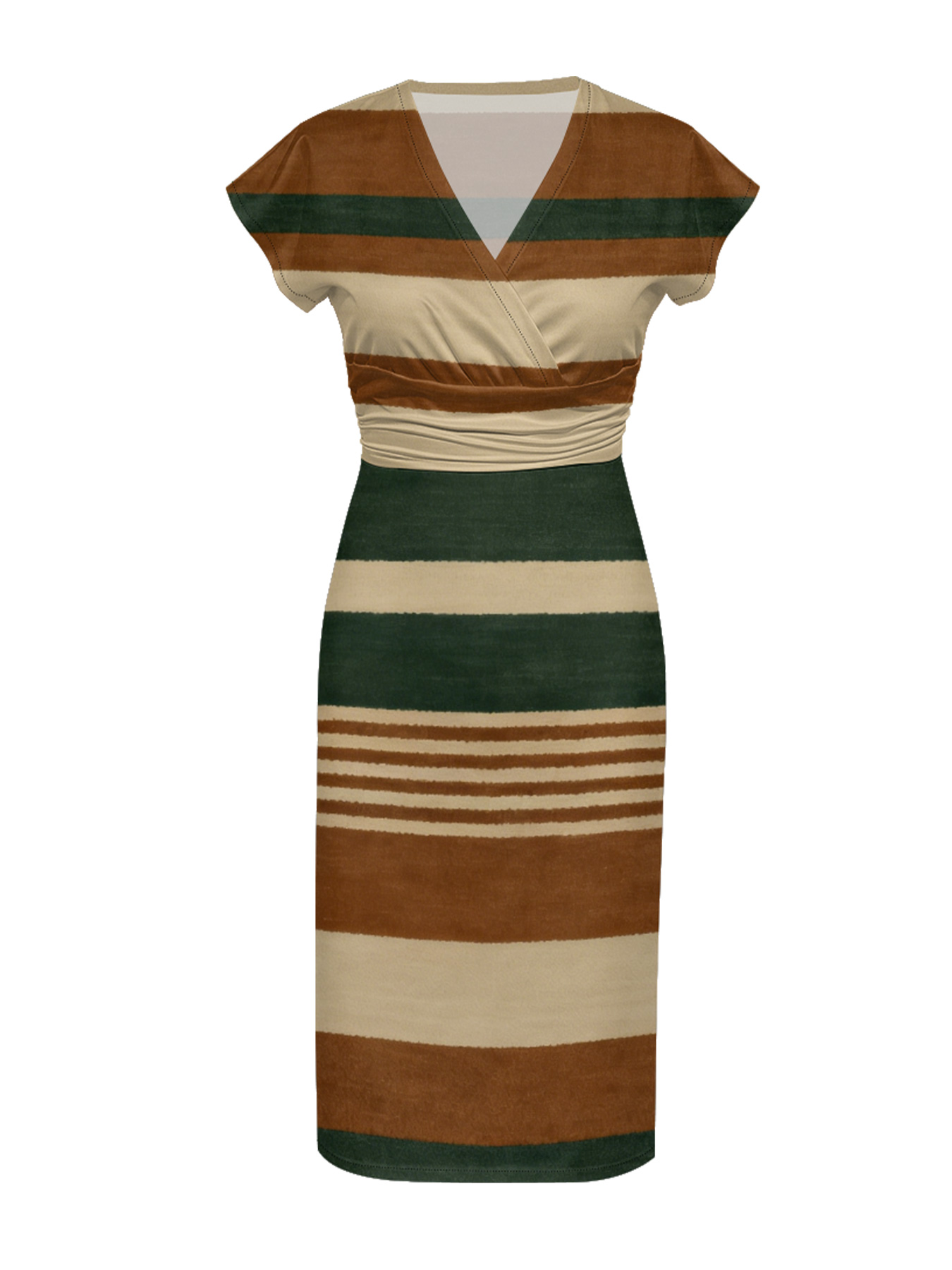 Earth Tone Stripe Cap Sleeve V-Neck Midi Dress IJG7685
