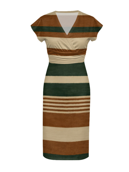 Earth Tone Stripe Cap Sleeve V-Neck Midi Dress IJG7685