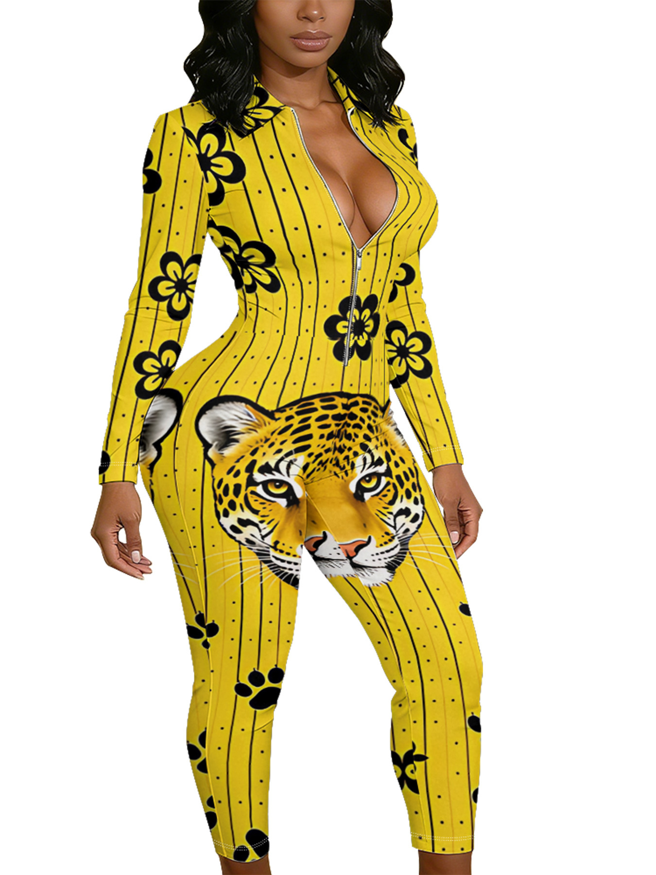 Yellow Tiger Long Sleeve Zip-Up Jumpsuit