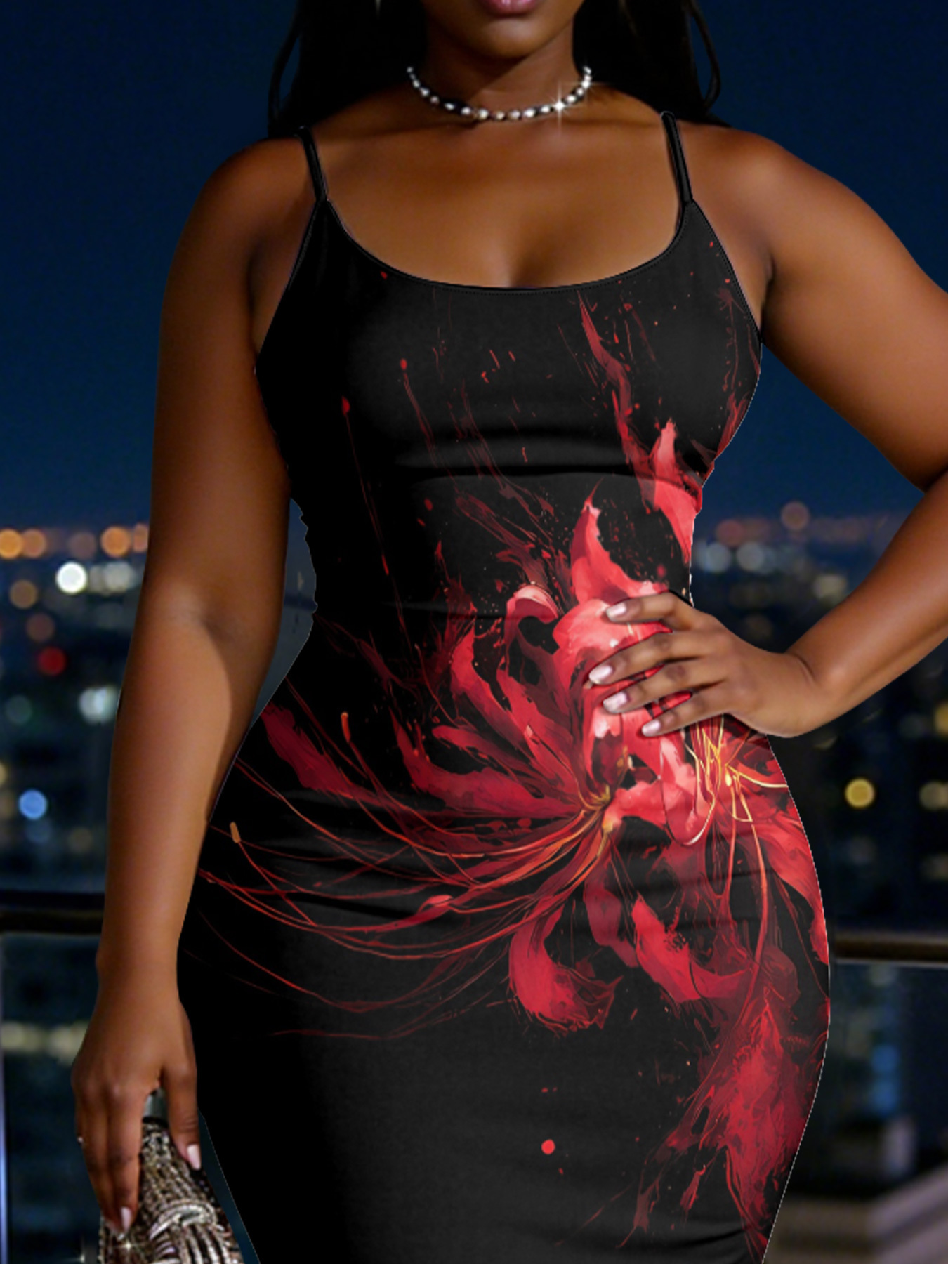 Black Red Spider Lily Spaghetti Strap Mermaid Dress LNQS39164