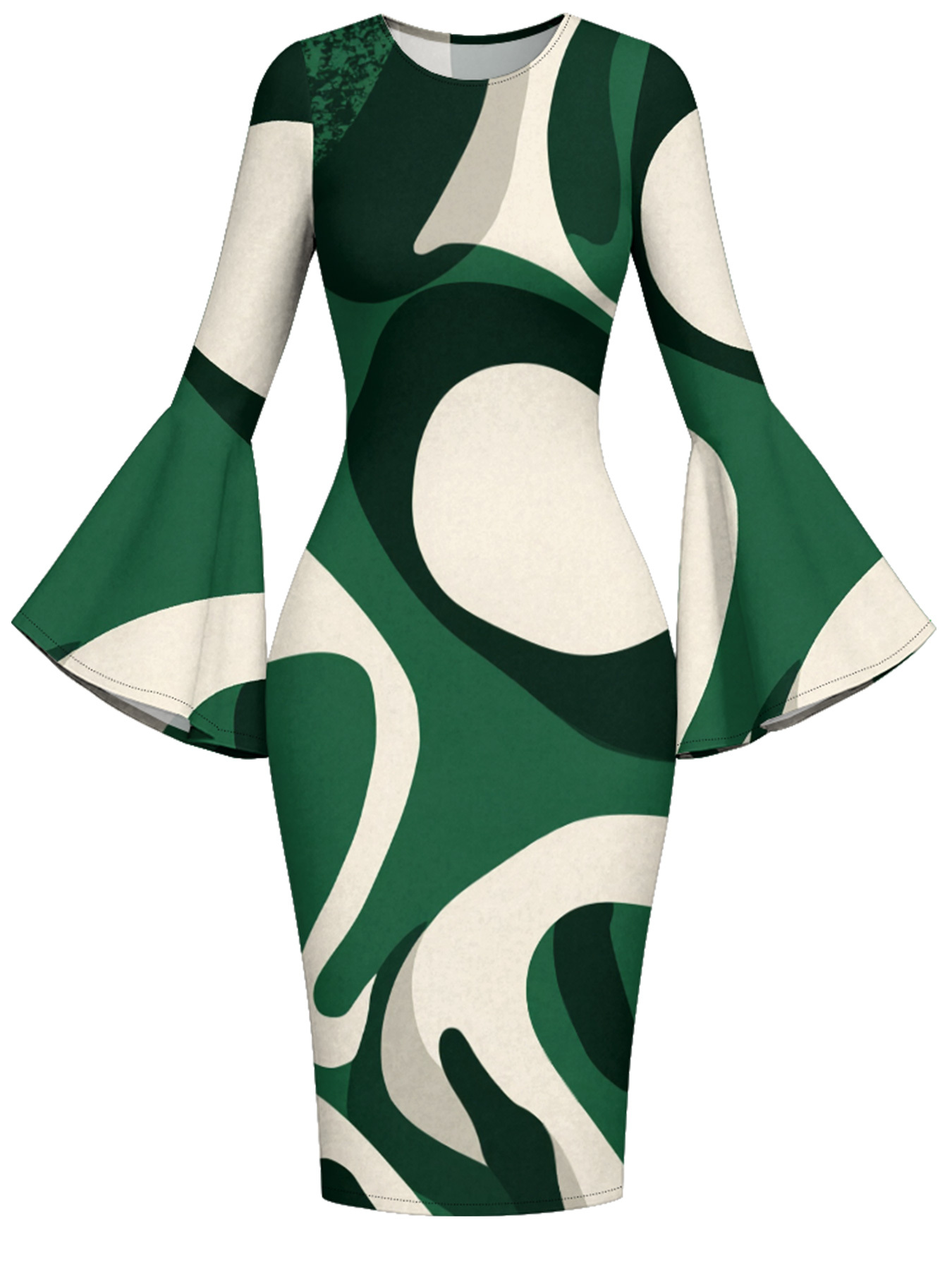 Green & White Abstract Flare Sleeve Bodycon Midi Dress