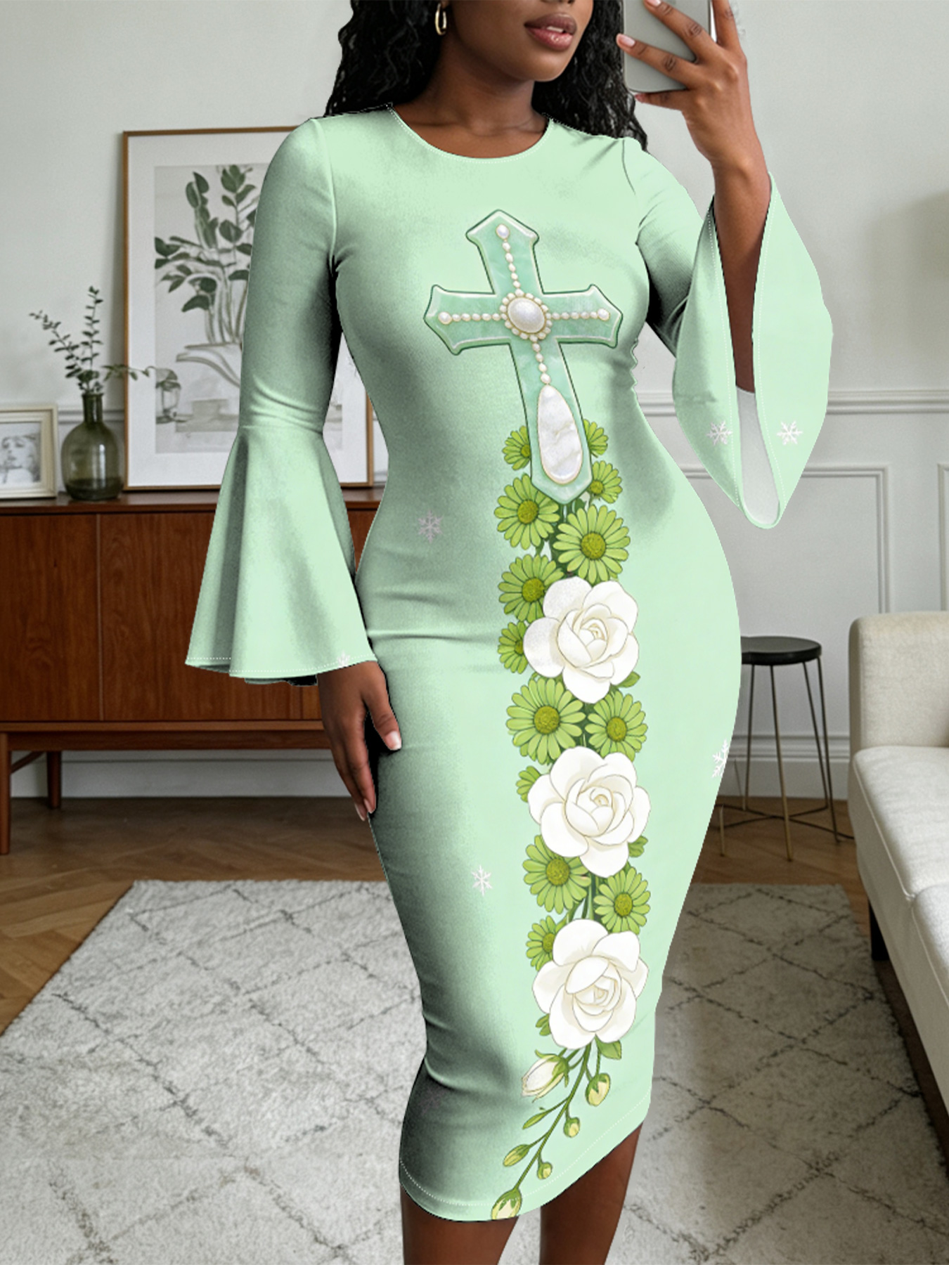 Mint Green Pearl Cross Easter Flare Sleeve Bodycon Midi Dress