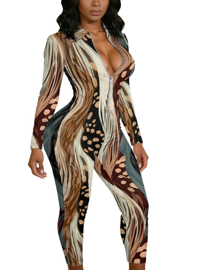 Safari Stripe & Spot Long Sleeve Zip-Up Jumpsuit RST403