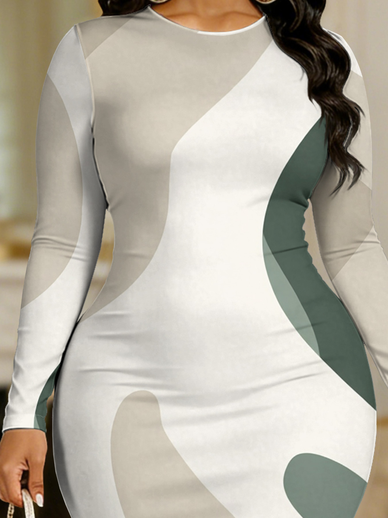 Neutral Tone Abstract Swirl Round Sleeve Neck Long Bodycon Dress