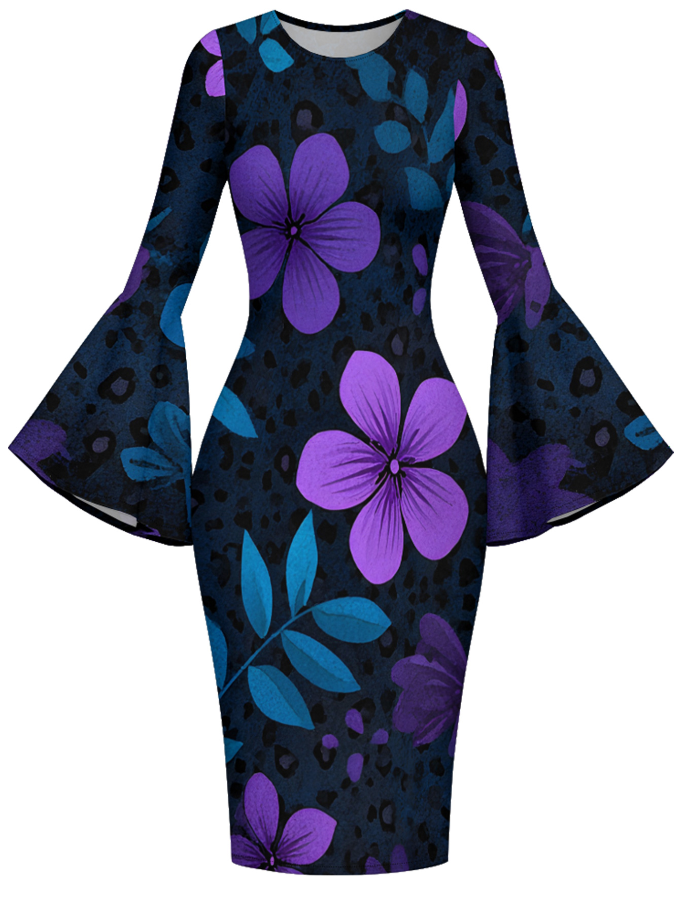 Black Leopard & Purple Floral Bell Flare Sleeve Bodycon Midi Dress