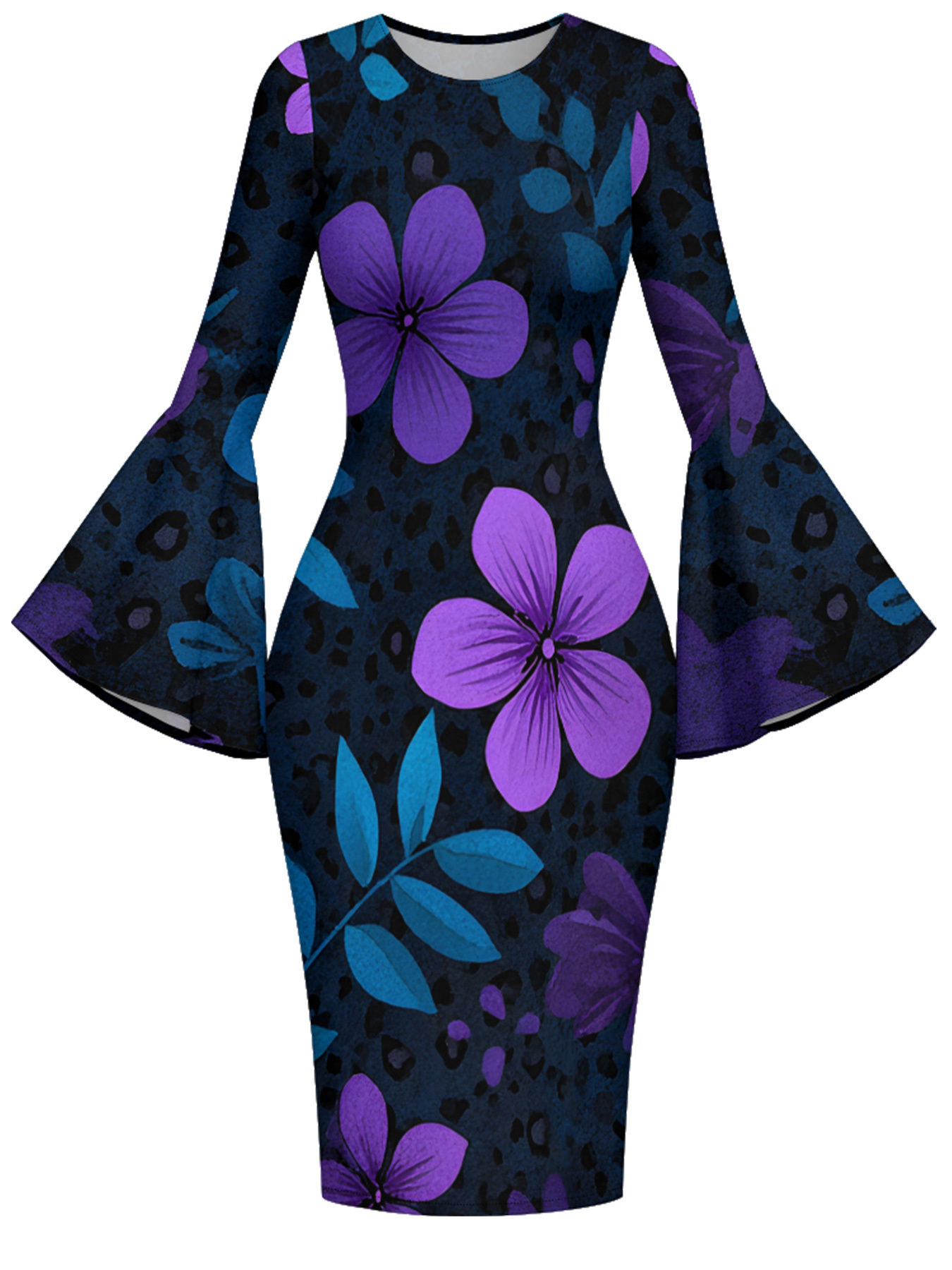 Black Leopard & Purple Floral Bell Flare Sleeve Bodycon Midi Dress