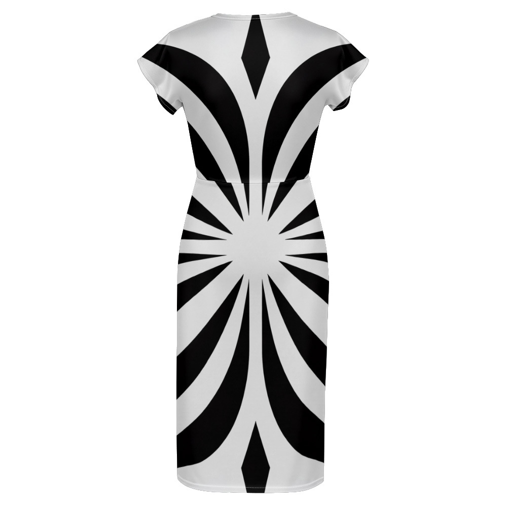 Black White Radial Cap Sleeve V-Neck Midi Dress BDG852