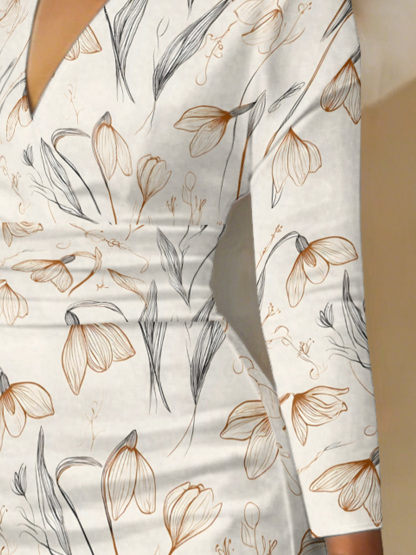 Elegant Line Art Tulip V-Neck Bodycon Midi Dress