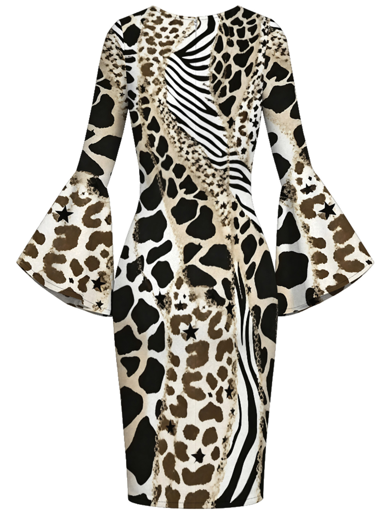 Neutral Mixed Animal Print Bell Flare Sleeve Bodycon Midi Dress