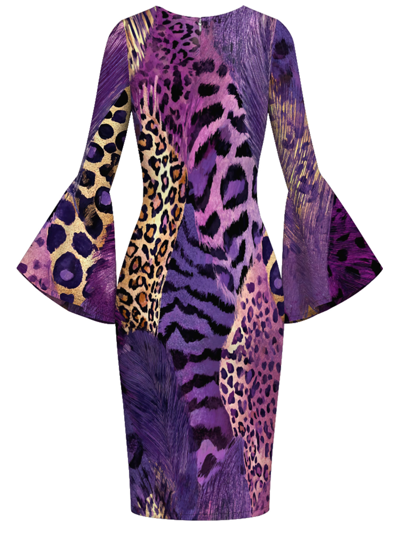 Purple Mixed Animal Print Flare Sleeve Bodycon Midi Dress