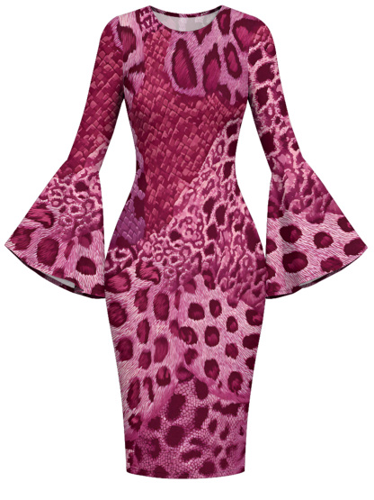 Berry Pink Mixed Animal Print Bell Flare Sleeve Bodycon Midi Dress