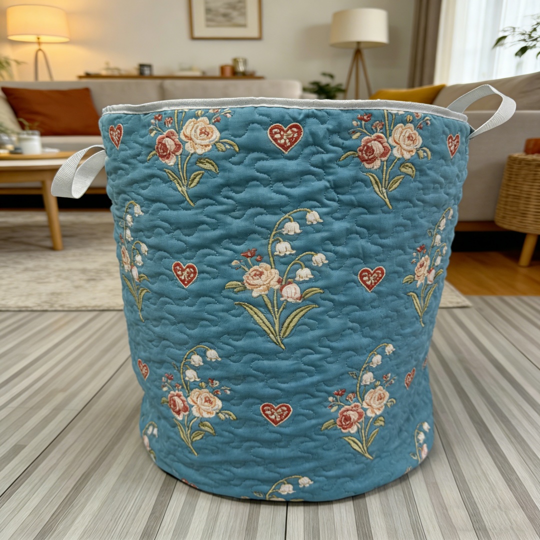 Vintage Floral & Heart Quilted Laundry Basket  [Real Shot] 04