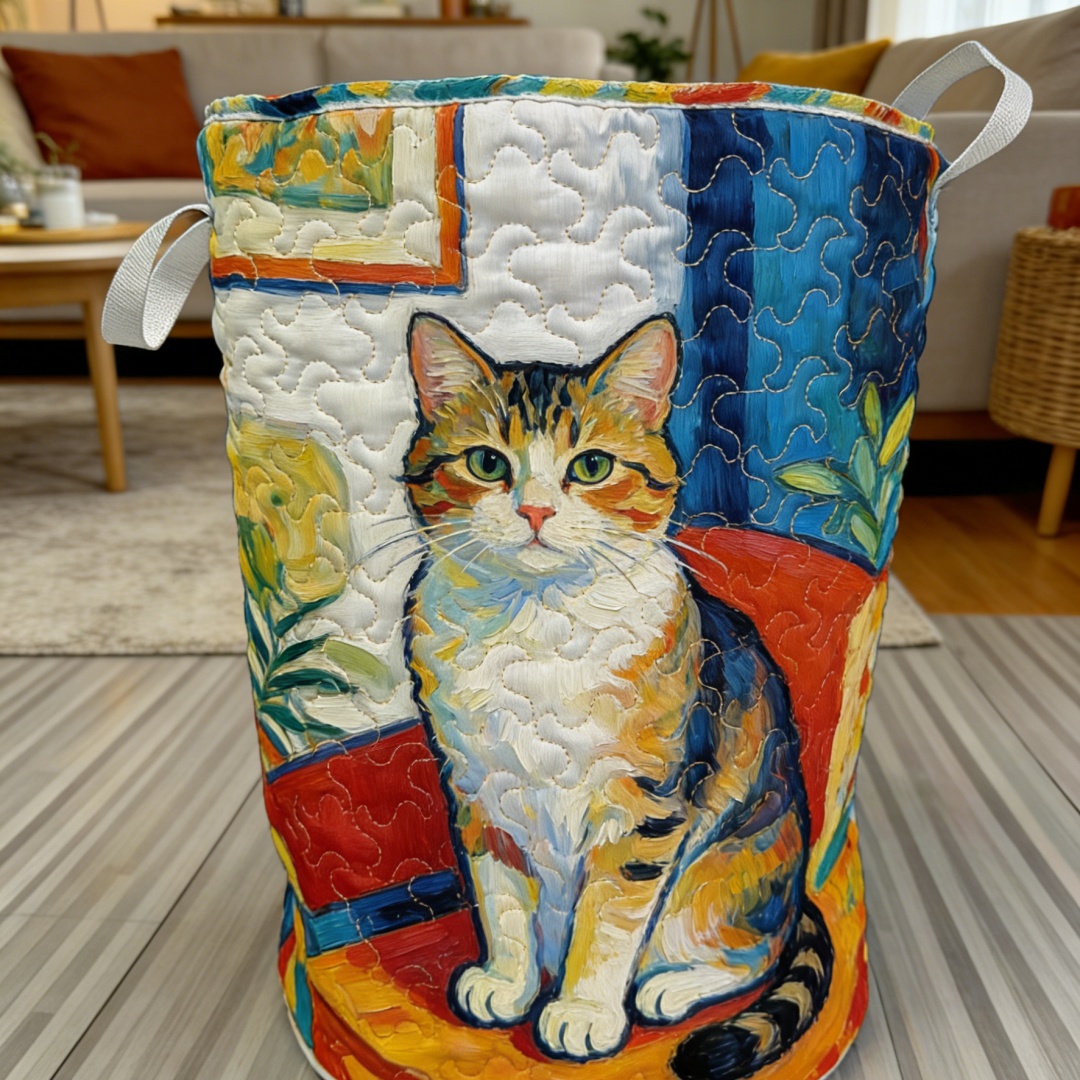 Impressionist Calico Cat Quilted Laundry Basket  [Real Shot] 05