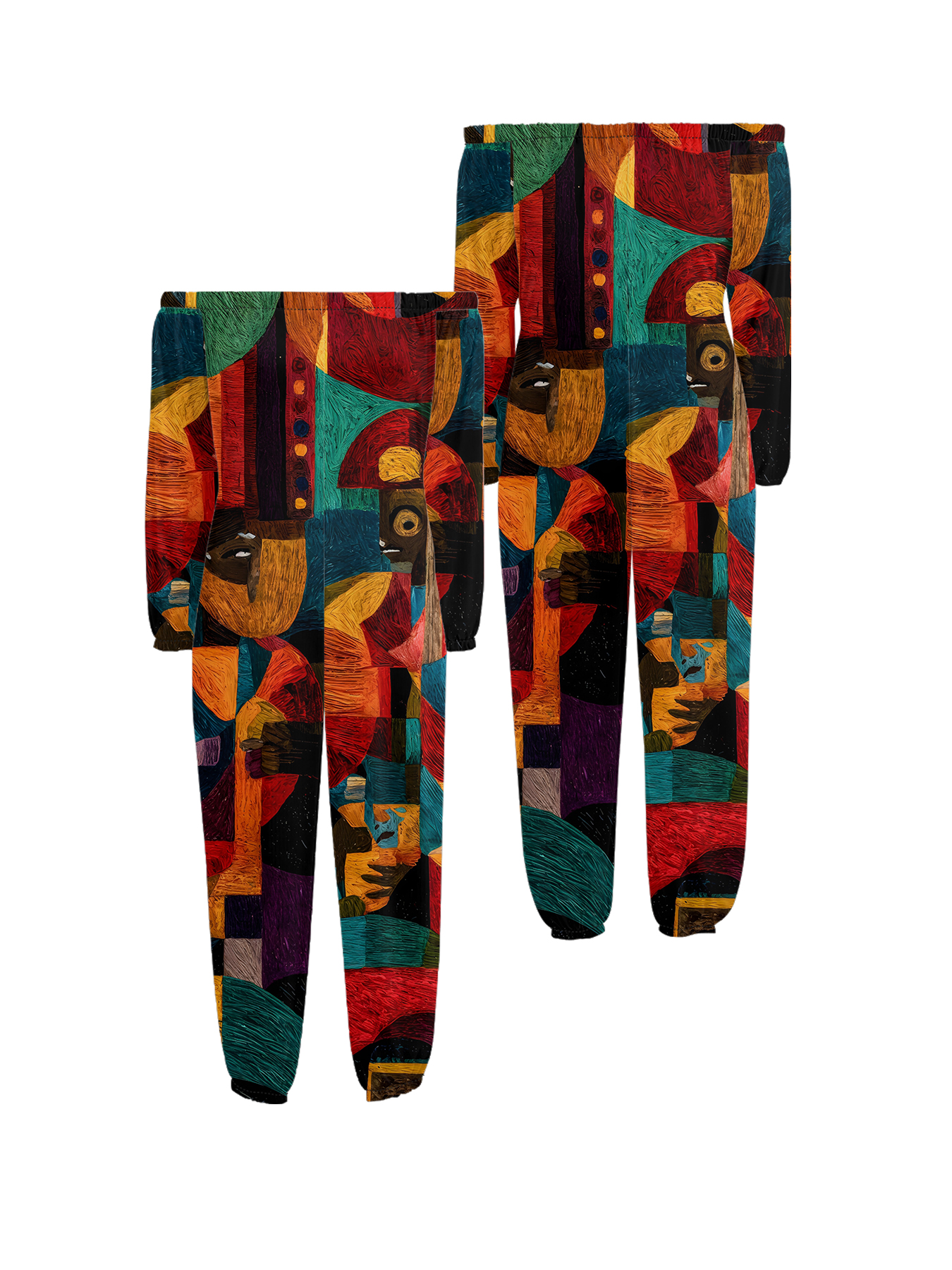 African Cubist Portrait Off-Shoulder Jumpsuit