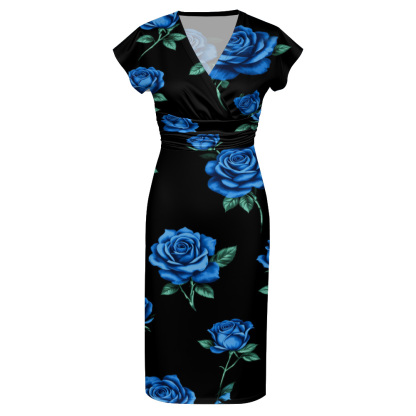 Black Blue Rose Cap Sleeve V-Neck Midi Dress