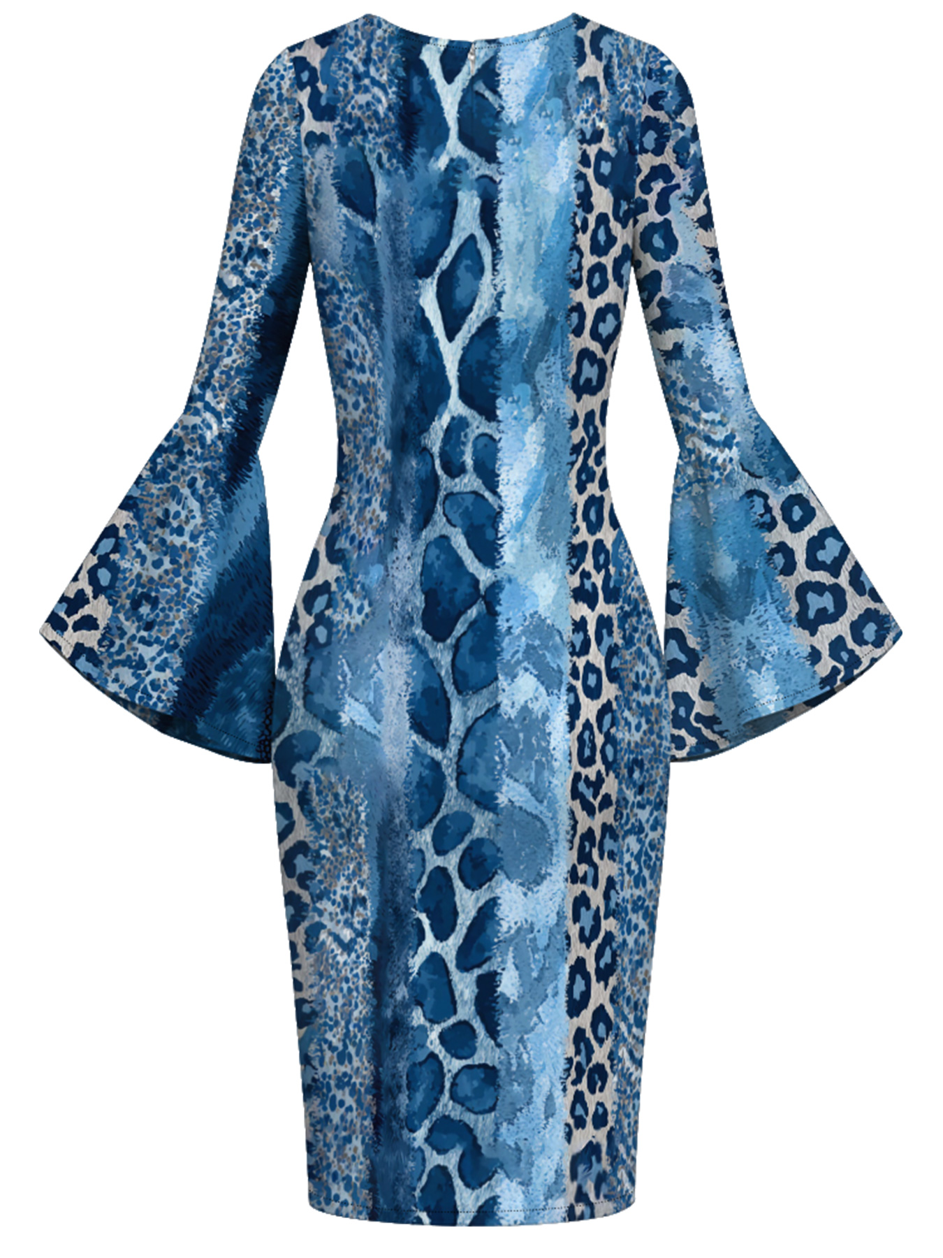 Blue Watercolor Animal Flare Sleeve Bodycon Midi Dress