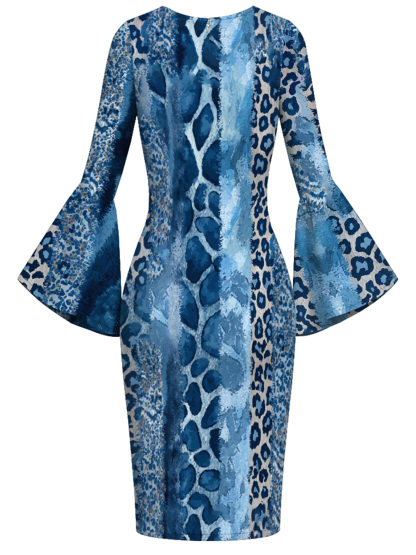 Blue Watercolor Animal Flare Sleeve Bodycon Midi Dress