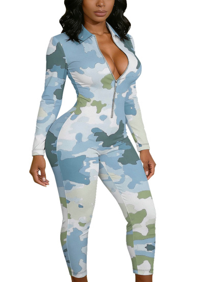 Pastel Camo Long Sleeve Zip-Up Jumpsuit