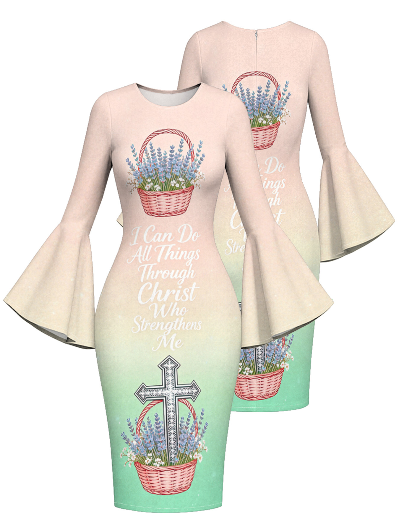 Ombre Pink-Green Lavender Cross Easter Flare Sleeve Bodycon Midi Dress