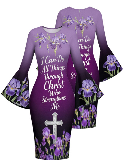Purple Iris Floral Cross Scripture Easter Flare Sleeve Bodycon Midi Dress JIHB2863