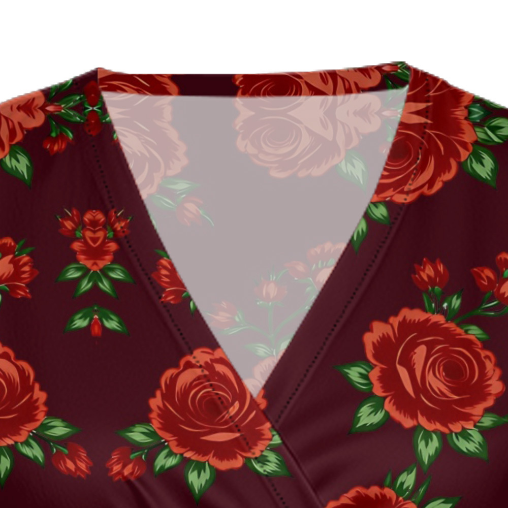 Burgundy Red Rose Cap Sleeve V-Neck Midi Dress AFH531