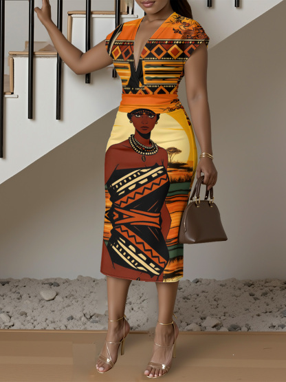 African Queen Portrait Cap Sleeve V-Neck Midi Dress IYT99035