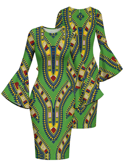 Green Dashiki Print Bell Flare Sleeve Bodycon Midi Dress