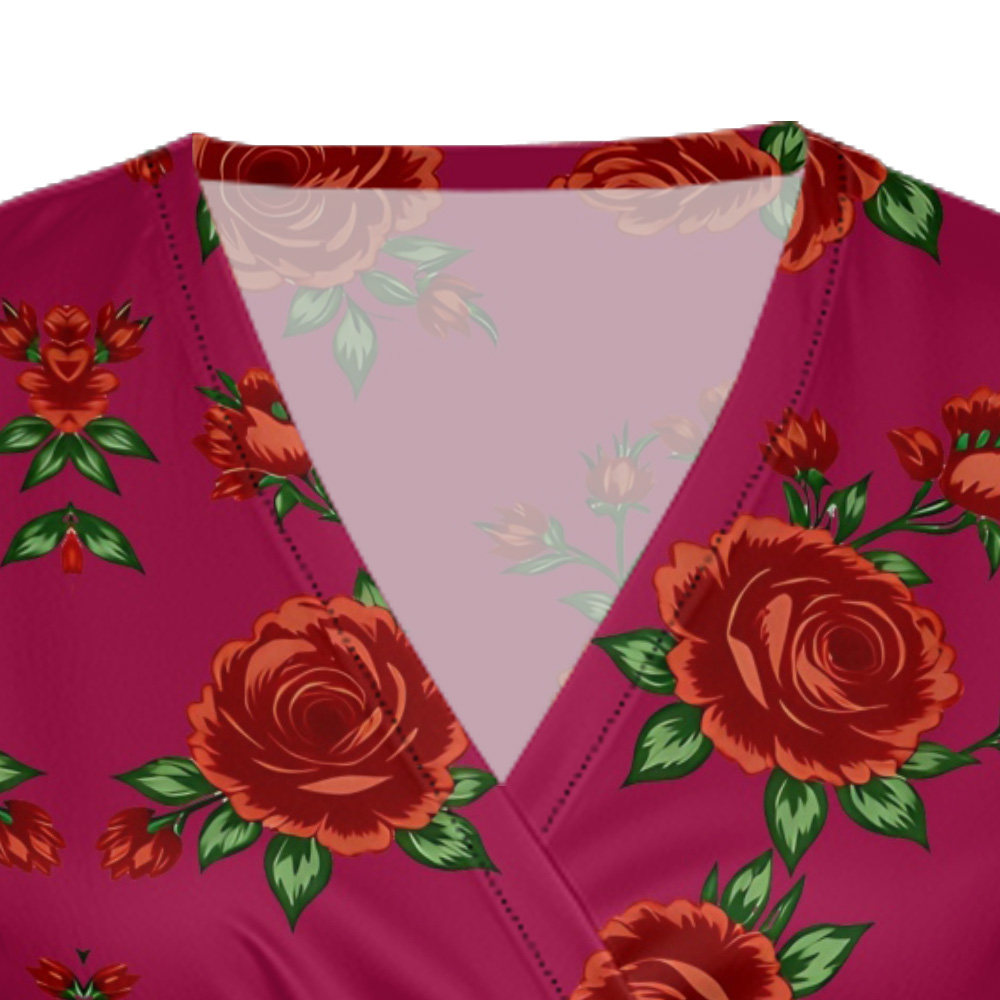 Fuchsia Red Rose Cap Sleeve V-Neck Midi Dress AGI420