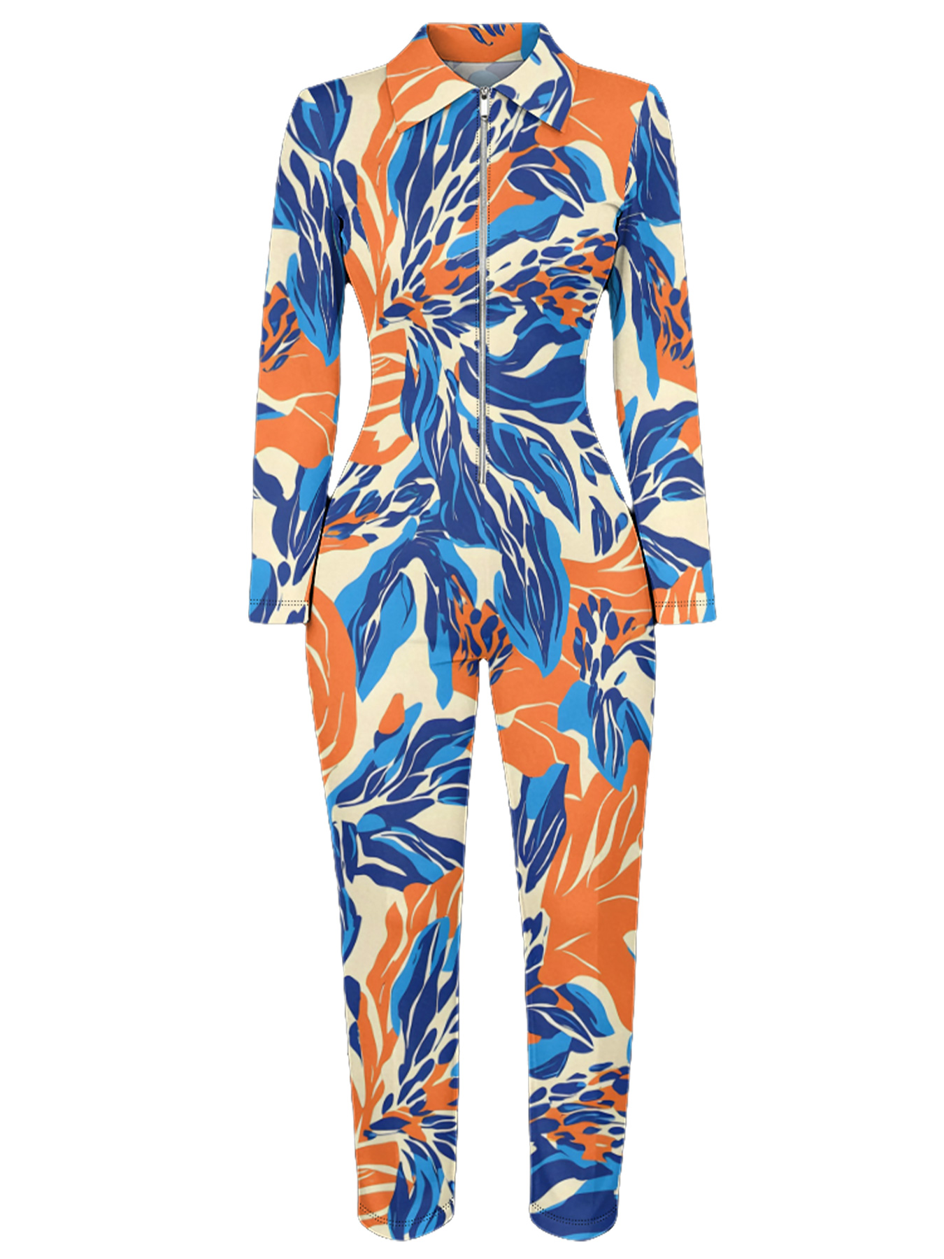 Tropical Floral Long Sleeve Zip-Up Jumpsuit VWX610