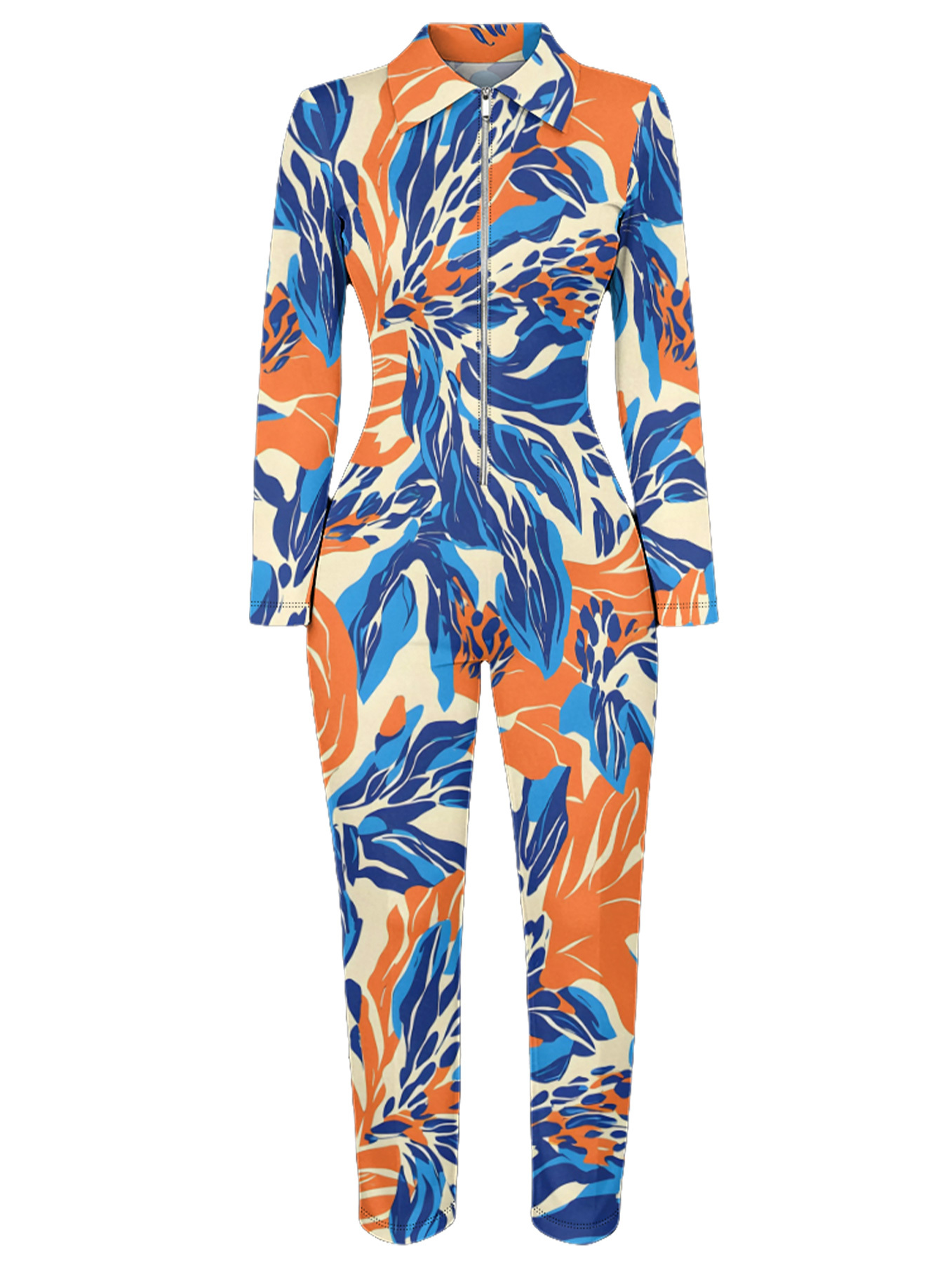 Tropical Floral Long Sleeve Zip-Up Jumpsuit VWX610