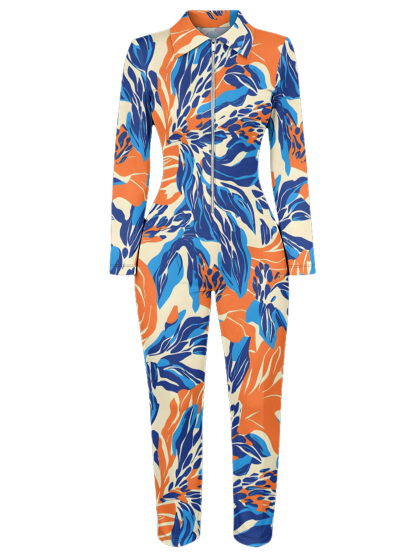 Tropical Floral Long Sleeve Zip-Up Jumpsuit VWX610