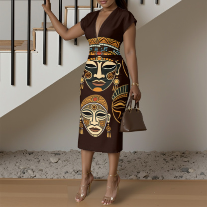 African Mask Cap Sleeve V-Neck Midi Dress ABE975