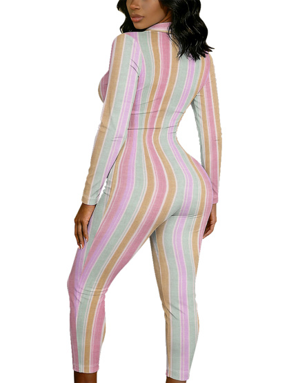 Pastel Stripe Long Sleeve Zip-Up Jumpsuit WXY503