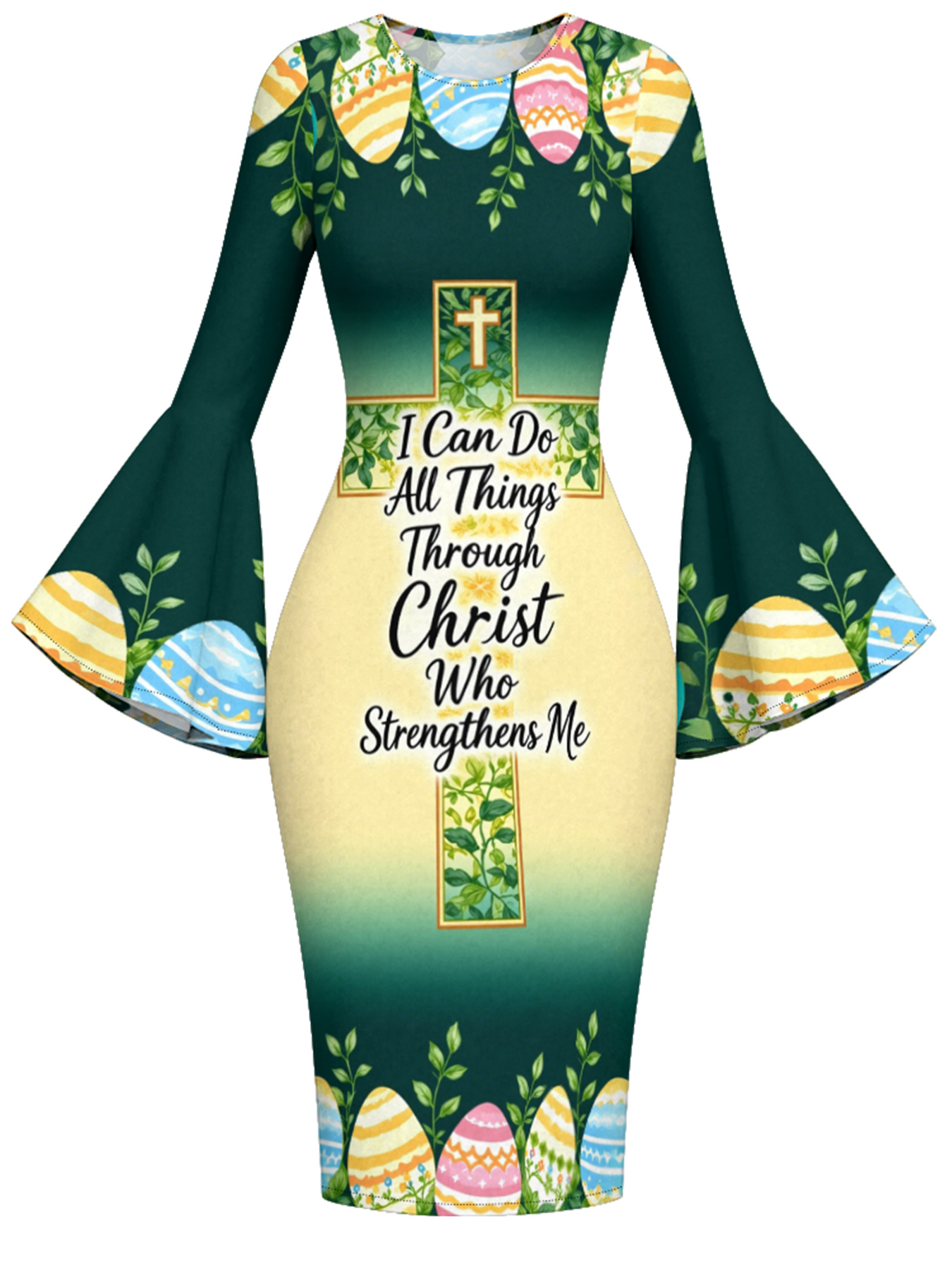 Easter Christian Cross Flare Sleeve Bodycon Midi Dress