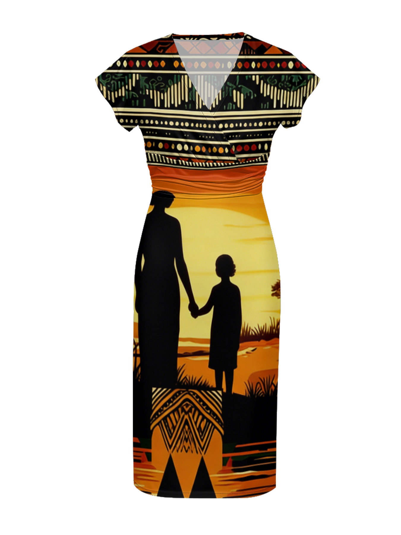 African Savannah Sunset Cap Sleeve V-Neck Midi Dress IJG7685