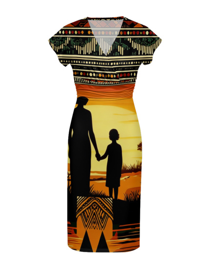 African Savannah Sunset Cap Sleeve V-Neck Midi Dress IJG7685