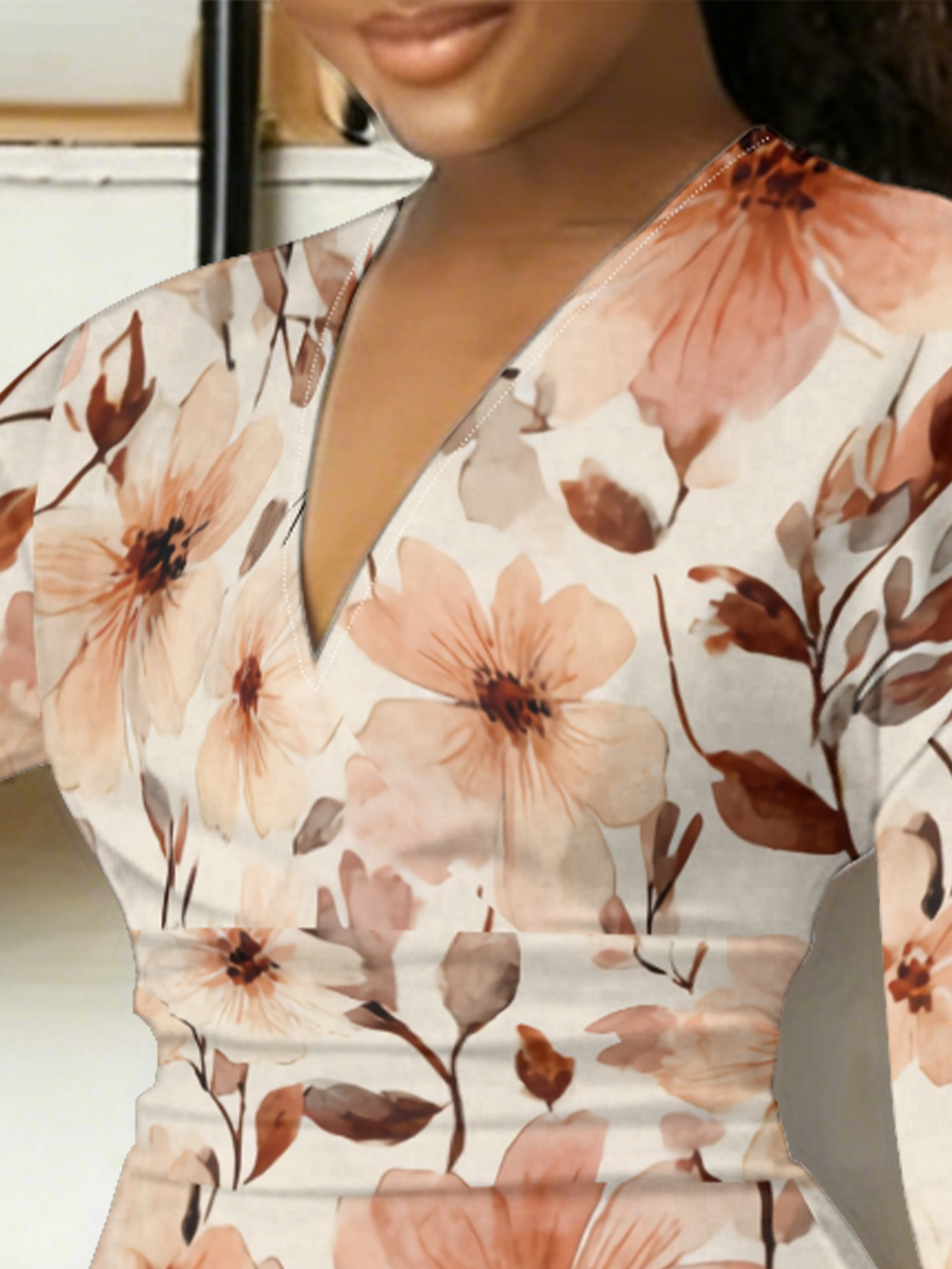 Watercolor Terracotta Floral V-Neck Bodycon Midi Dress VHP1496