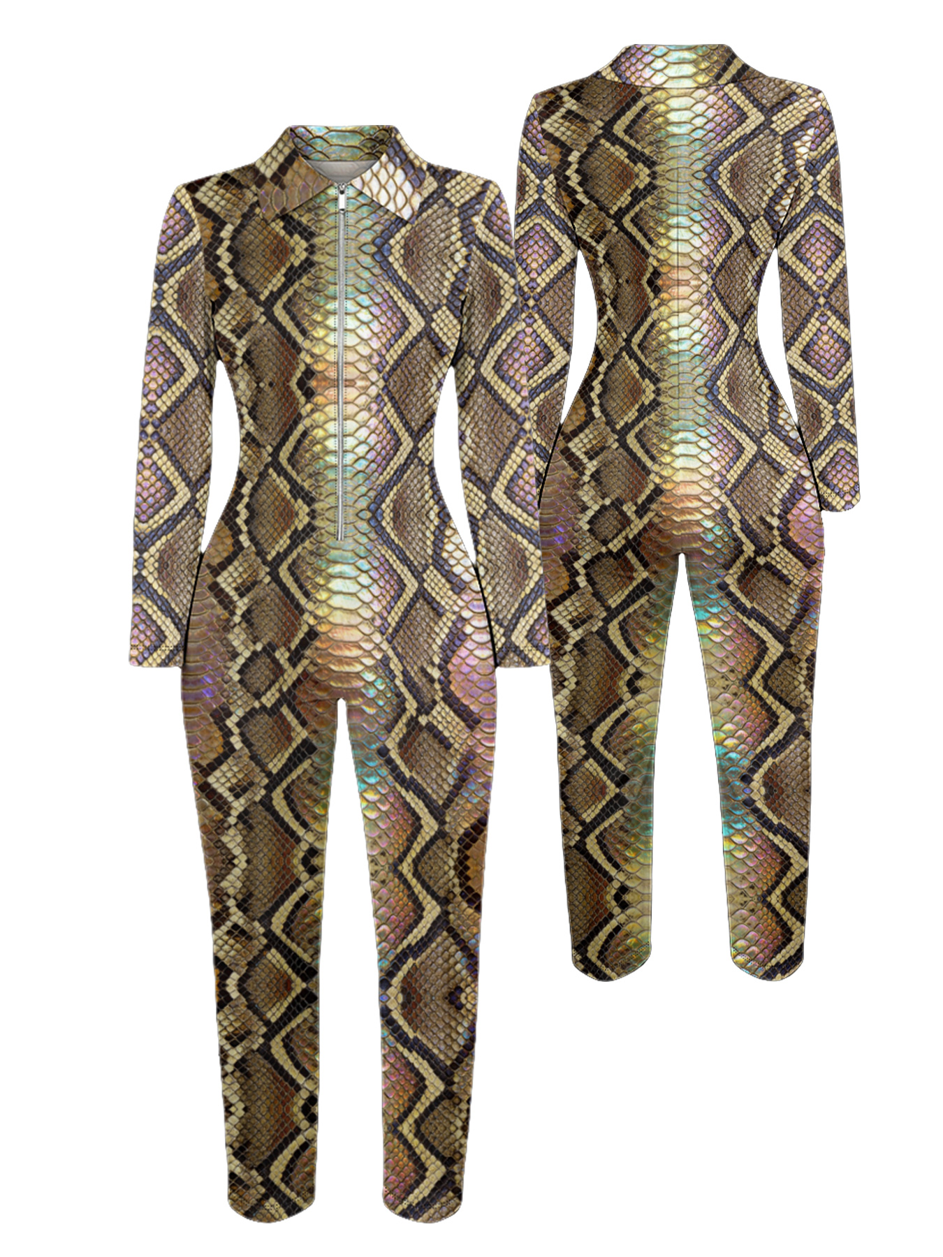 Holographic Python Long Sleeve Zip-Up Jumpsuit ABF932
