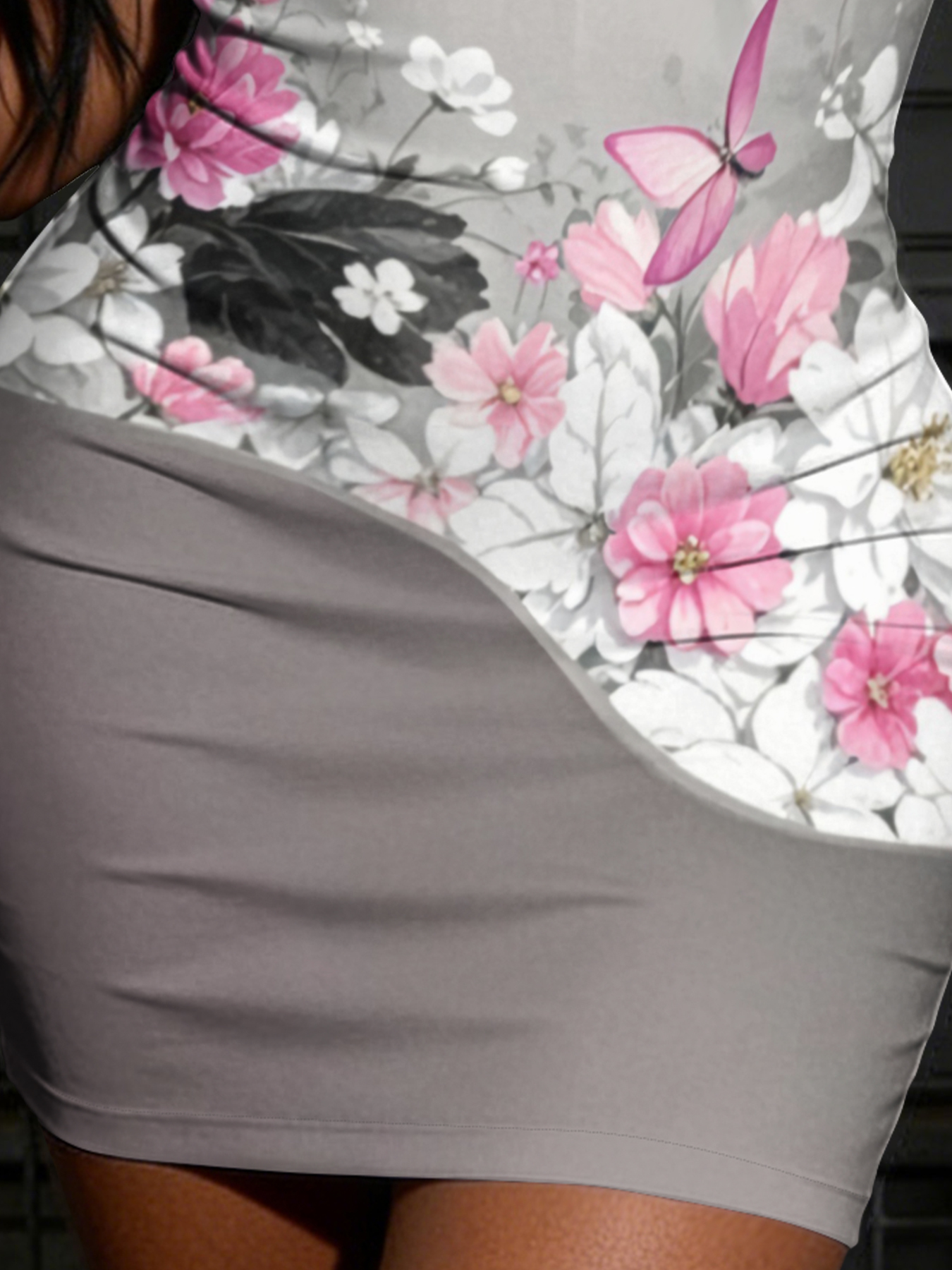 Soft Gray Floral & Butterfly U-neckline Bodycon Mini Dress 