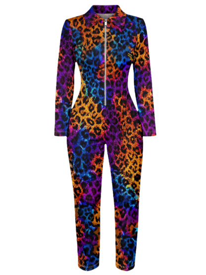 Rainbow Leopard Long Sleeve Zip-Up Jumpsuit