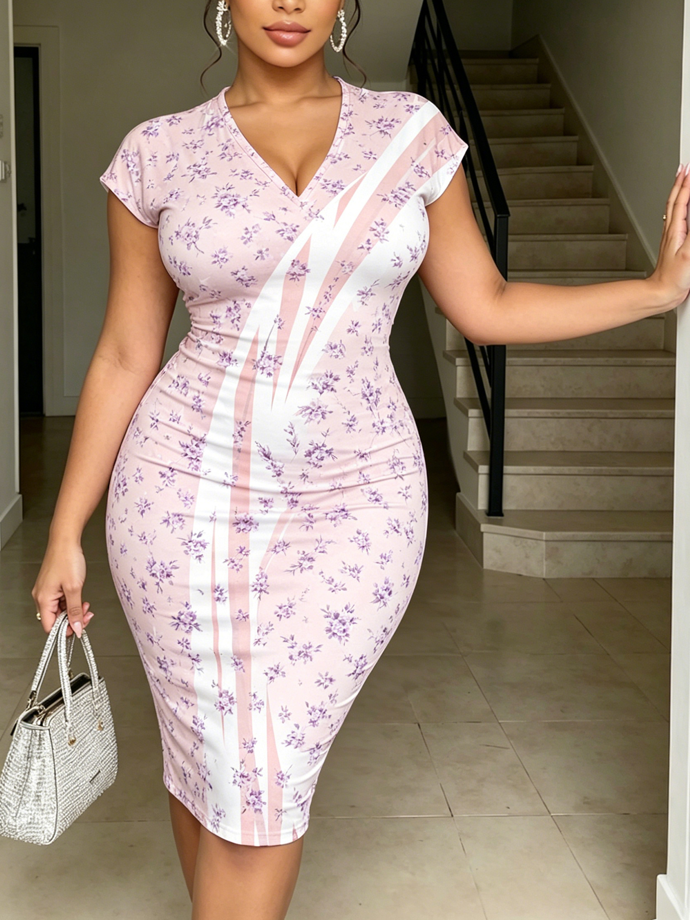 Soft Pink Floral & Diagonal Stripe V-neck short sleeved Midi Dress IWU2198